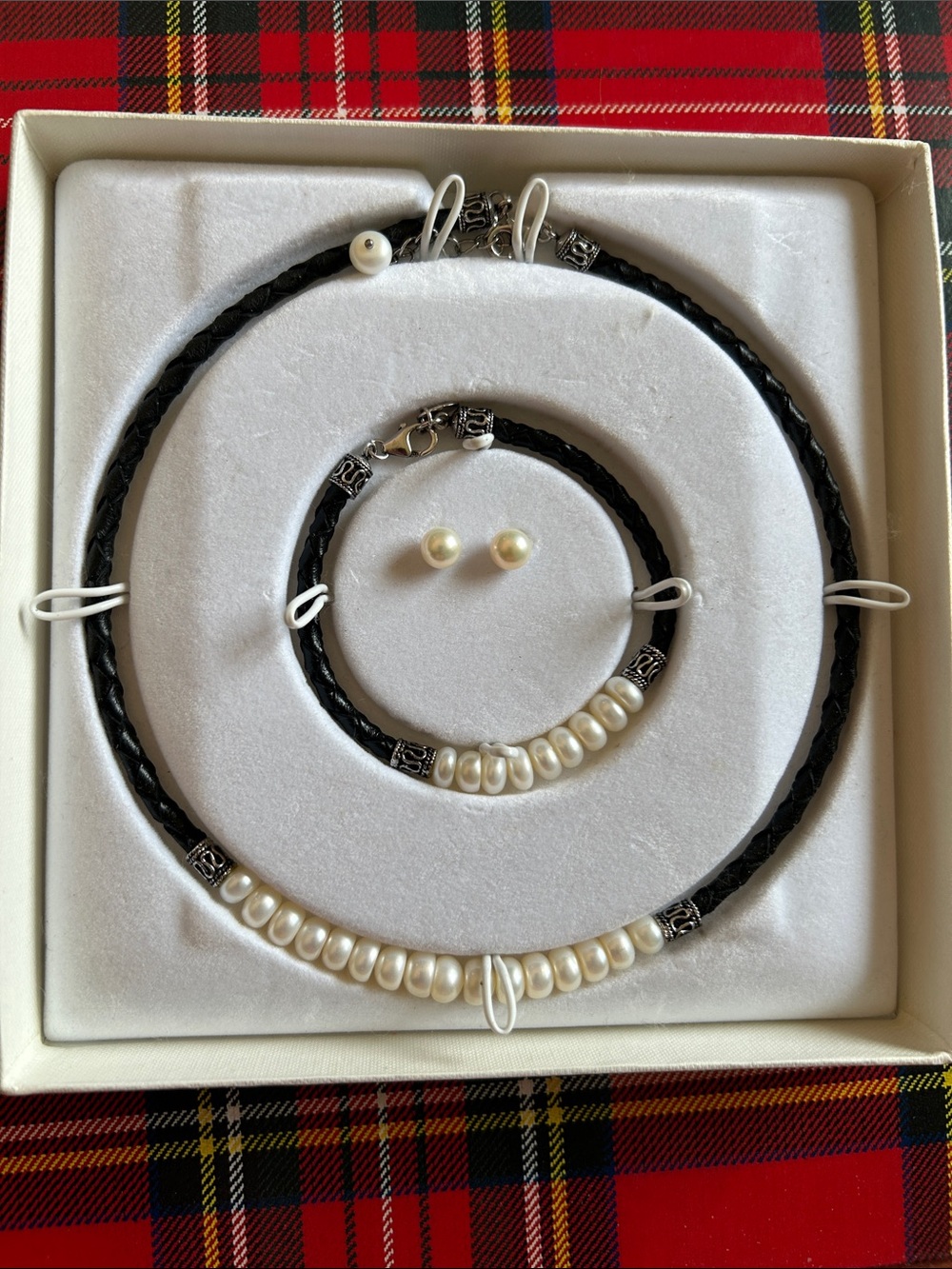 Luxurious Honora Black Braided Leather Cultured Freshwater Pearl Sterling 3pcSet